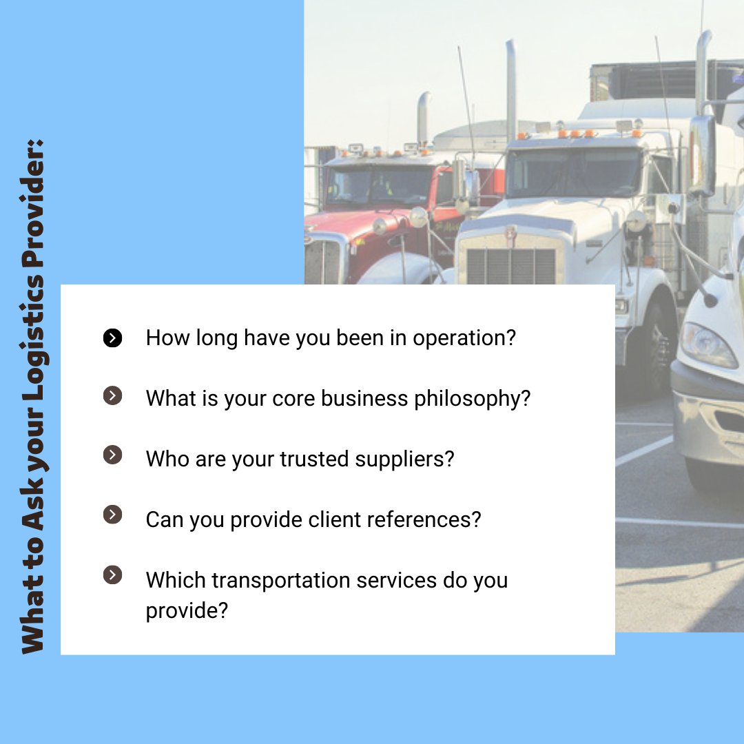 Teddifw's tweet photo. Here are 5 questions to ask your logistics provider! Are they meeting your needs? Call Teddi for a quote, today! 🤳 (614) 333-0106

#logistics #transportation #supplychain #trucking #freight #wbenc https://t.co/kLwRXTONhE
