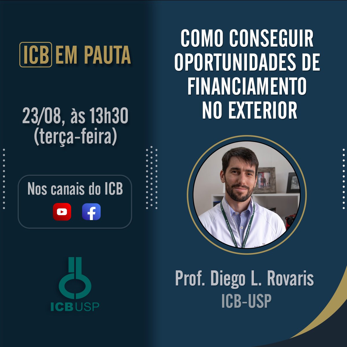 Na próxima terça, 23/8, às 13h30, o ICB em Pauta terá como convidado o professor Diego Rovaris.

Contemplado pelo <a href="/NIH/">NIH</a> com estudo sobre TDAH, Rovaris falará sobre sua trajetória como pesquisador e dará dicas para obter financiamento do exterior.

Confira: youtube.com/c/ICBUSPcanal