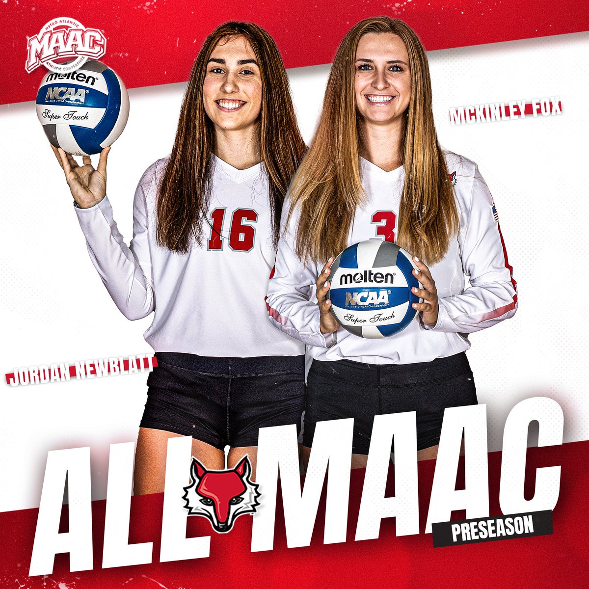 Maristvb's tweet image. Congratulations to Jordan Newblatt and McKinley Fox named to the All-MAAC Preseason Team!
