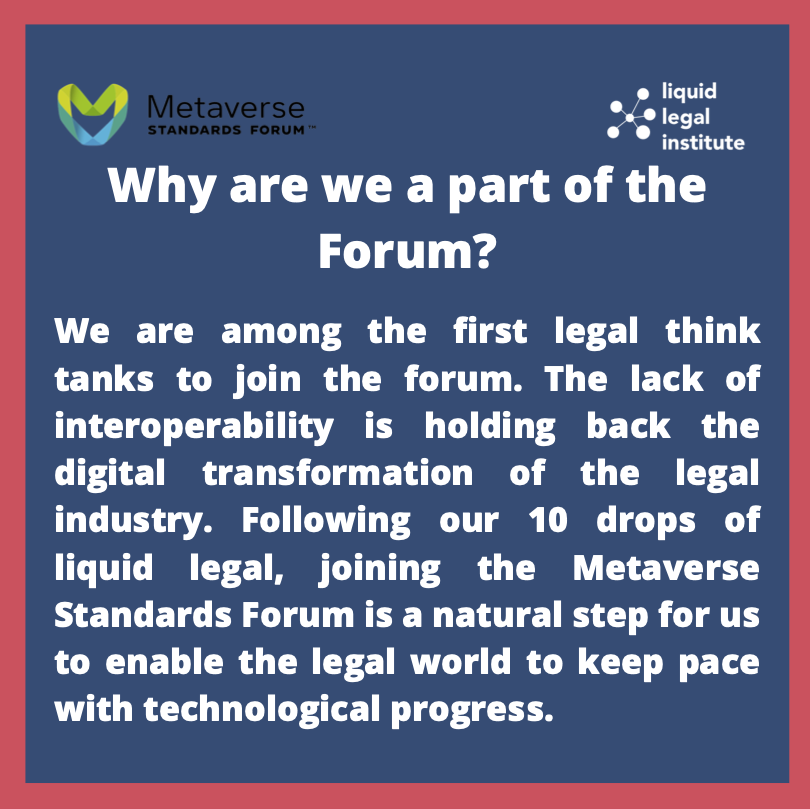 Glad to announce we became members of the <a href="/Metaverse_Forum/">Metaverse Standards Forum</a>.

The #futureoflaw needs #standards, including in the #metaverse and we're happy to collaborate creating them!

What would be the first areas you'd start work at?