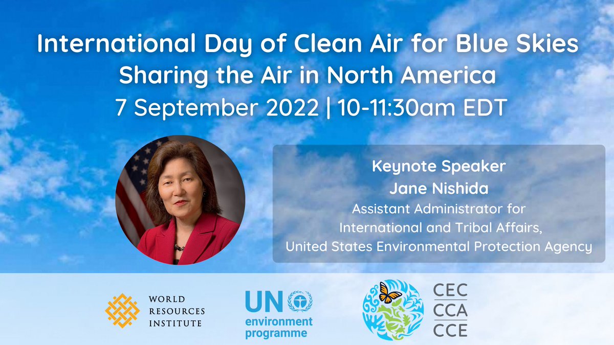 📌7 September is #WorldCleanAirDay! This year’s theme highlights “The Air We Share”☁️

Join us, <a href="/UNEP_NAmerica/">UN Environment Programme North America</a> &amp; <a href="/WorldResources/">World Resources Institute</a> to learn how transboundary action in #NorthAmerica is supporting 🇨🇦🇲🇽🇺🇸 improve #AirQuality

For more information:
👉bit.ly/3pwYasM