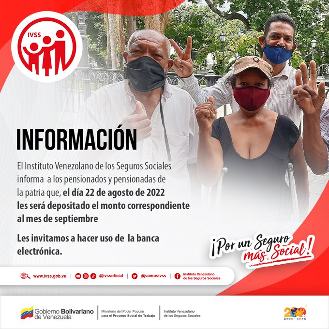 🚨 #ÚLTIMAHORA: Pago de la Pensión del #IVSS correspondiente mes (septiembre 2022) será cancelado el día lunes #22Ago

<a href="/BonosSocial/">Bonos Protectores Social Al Pueblo</a>
#CongresoNuevaÉpoca