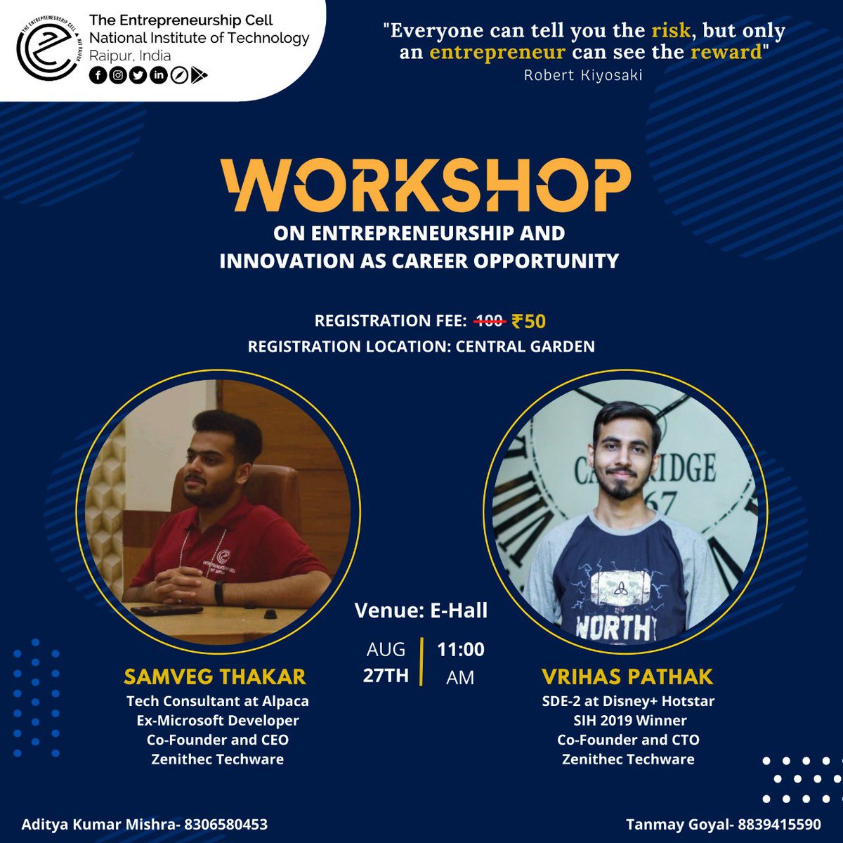 ecell_nitrr's tweet photo. Hey there, folks!👋

Do you want to learn about the different career opportunities through entrepreneurship and innovation?🤔

Then buckle up as team E-cell brings you another banger of an event with the brilliant speakers Samveg Thakar and Vrihas Pathak.✨ https://t.co/ilfjOefA3t