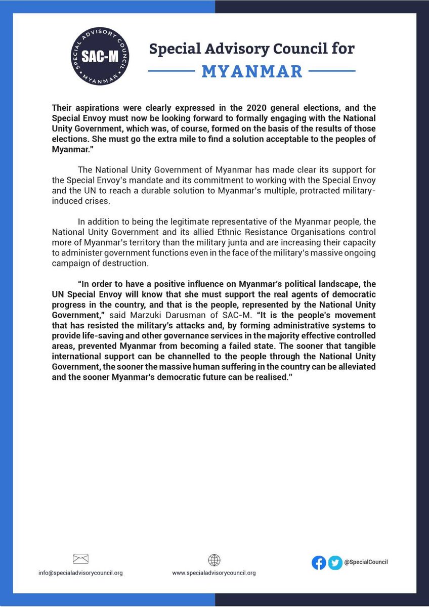 Having finally fulfilled the minimum requirement of her mandate, the UN Special Envoy must now proceed to meeting formally with genuine stakeholders in #Myanmar's democratic future. 
Download statement: bit.ly/3K48rpH
#WhatsHappeningInMyanmar #RecogniseNUG