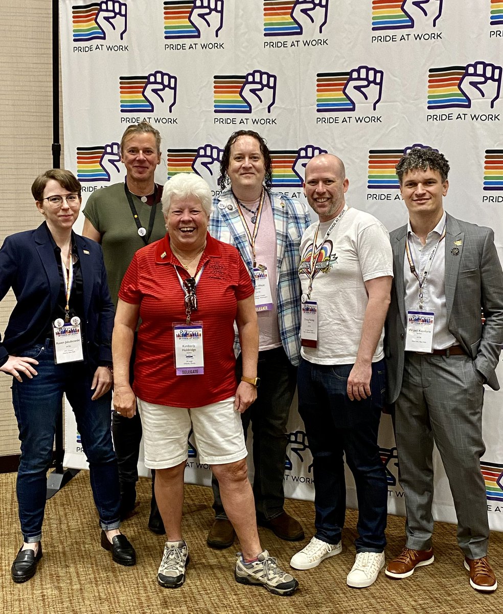IATSELocal764's tweet photo. @IATSE representing @PrideatWork Convention in #Minneapolis including @IATSELocal764 VP Vangeli Kaseluris & Trustee Raven Jakubowski. Other locals pictured are @IATSE631 @MPC705 Local 18 & Local 892. #OutForDemocracy #UnionStrong https://t.co/JW2aQ8bctC