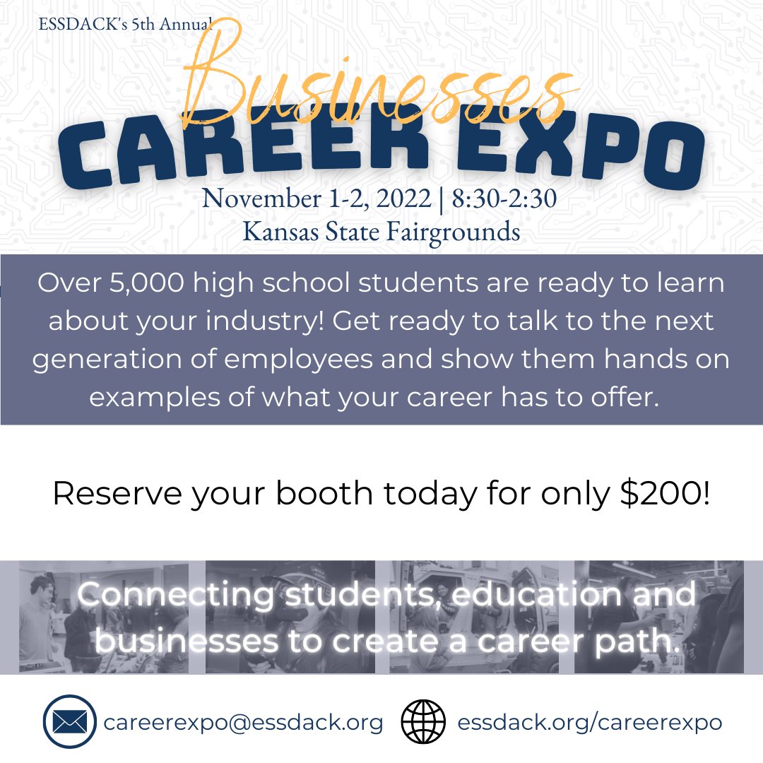 Make your plans to attend ESSDACK's 5th Annual Career Expo November 1-2, 2022. 

Businesses- get ready to show the next generation what your career has to offer! 

Visit essdack.org/careerexpo to learn more and register!