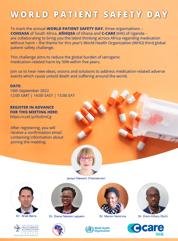 COHSASA's tweet photo. To mark WORLD PATIENT SAFETY DAY,– COHSASA
of South Africa, AfiHQSA of Ghana and C-CARE (IHK) of Uganda – are collaborating. Join us to hear new ideas, visions and solutions.

DATE:16th Sep 2022 
TIME:12:00 GMT | 14:00 SAST | 15:00 EAT
REGISTER: https://t.co/Zq2bltN8dr 
#safety https://t.co/FHOg5gajRw