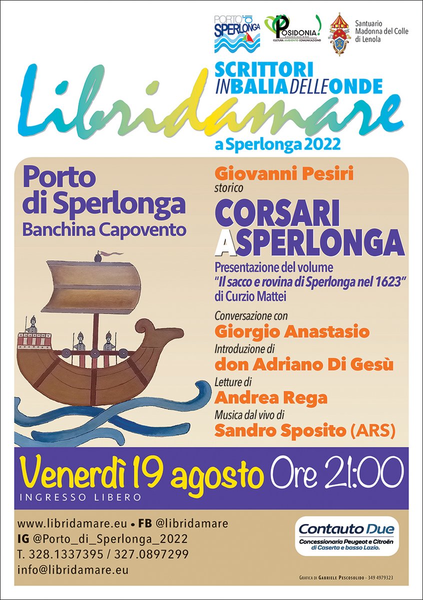 Questa sera terzo appuntamento con #Libridamare: "Corsari a Sperlonga", con Gianni Pesiri, Andrea Rega e la musica di <a href="/sandrosposito/">Sandro Sposito</a>.
Vi aspettiamo alle ore 21:00 al Porto di #Sperlonga! libridamare.eu