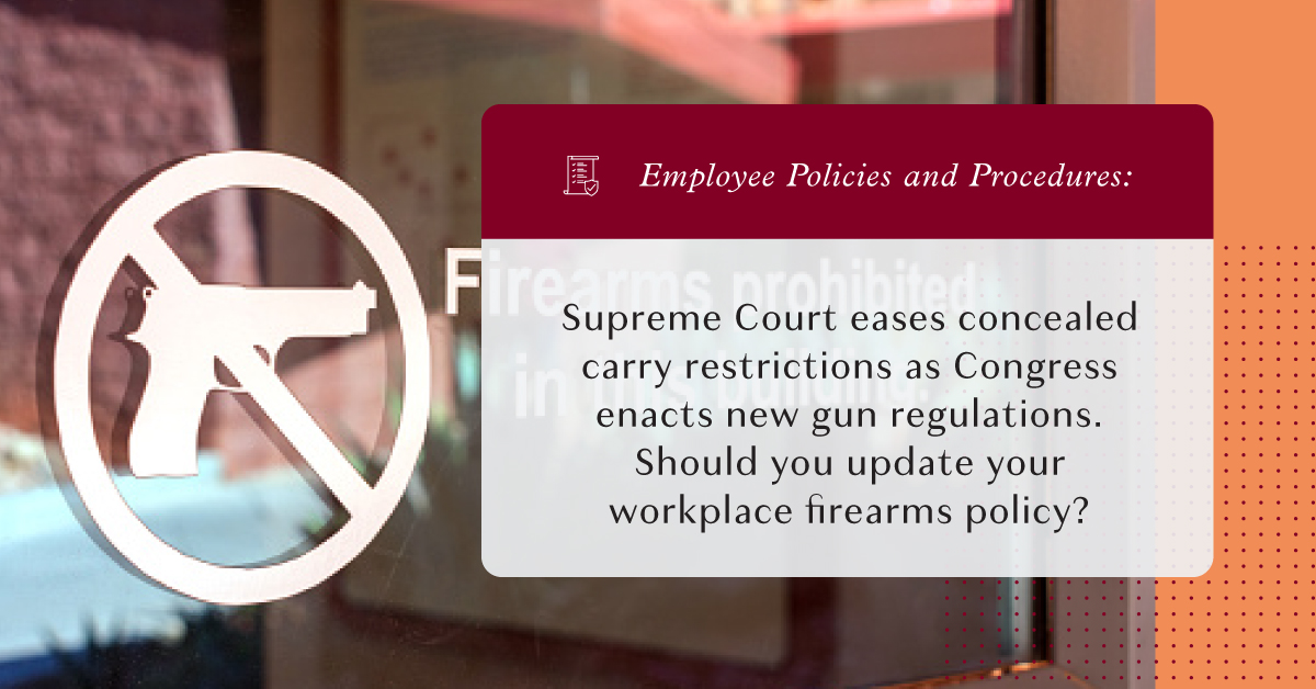 Employers are advised to seek counsel when adding or revising policies pertaining to weapons in the workplace. Such policies must be carefully crafted in order to comply with all applicable state and federal laws: ecs.page.link/No2cg