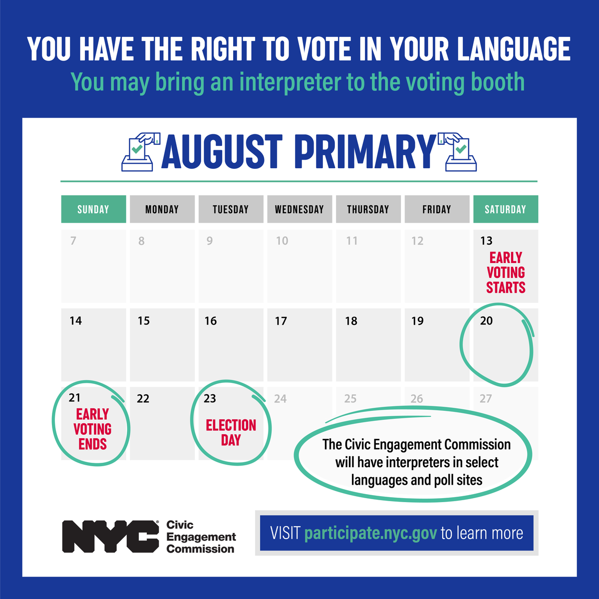 NYCCEC's tweet photo. Happy Friday NYC! 🗽 Kick-off a stunning weekend by #VotingEarly in the #AugustPrimary! Polls are open today until 3pm. 🗳️
CEC interpreters will be at select poll sites TODAY offering language access services in Yiddish! 🗣️🌐 Find those poll sites: https://t.co/njYqEPB5FX https://t.co/GT9VIaVlHM