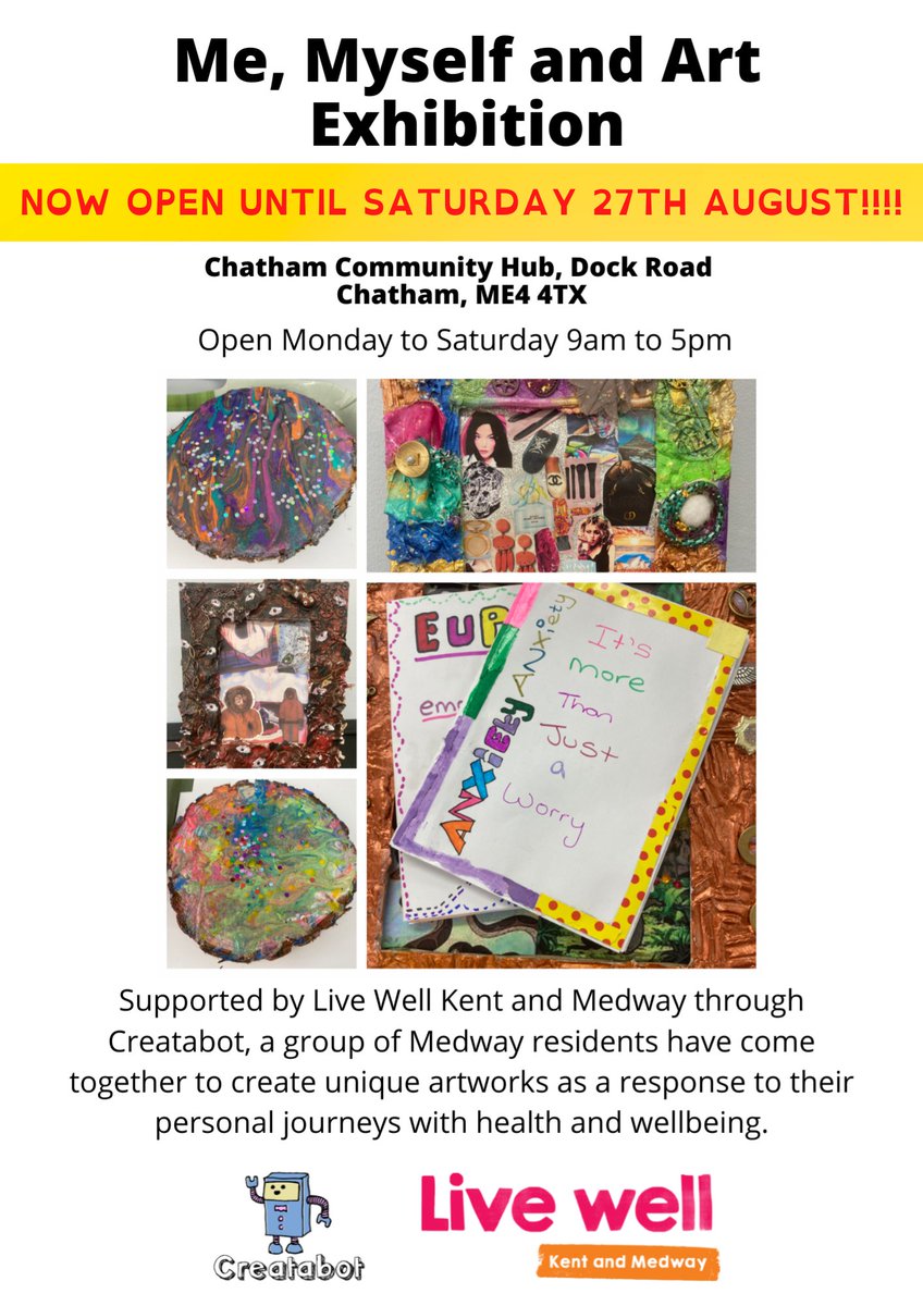 The 'Me, Myself, and Art' exhibition (brought to you by our partners at <a href="/Creatabot_tweet/">Creatabot</a>) has been such a great success that it has been extended until Saturday 27th August!

🎨🖌️

#LiveWellKentAndMedway is funded by <a href="/Kent_cc/">Kent County Council</a> &amp; <a href="/NHSKentMedway/">NHS Kent and Medway</a>

#ShawTrust #MentalHealth #HereForYou