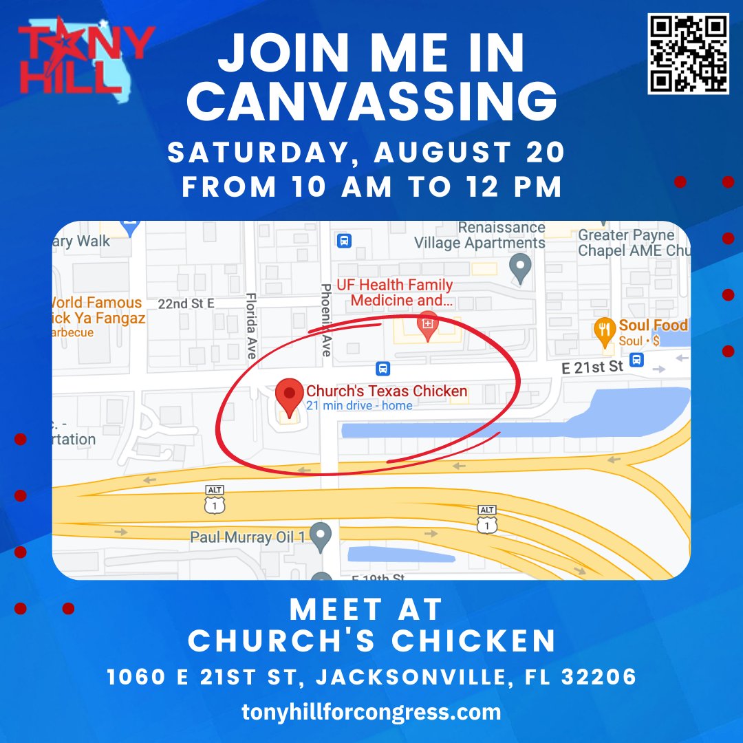 TonyHillFL4's tweet photo. There are only 4 DAYS REMAINING until the #FloridaPrimary Election. #TonyHill4Congress

Please join me tomorrow from 10 a.m. until 12 p.m. for another morning of canvassing. We will be meeting at Church's Chicken (1060 E 21st St, Jacksonville, FL 32206): https://t.co/7yVl6izeQg https://t.co/Wui8deyxxV