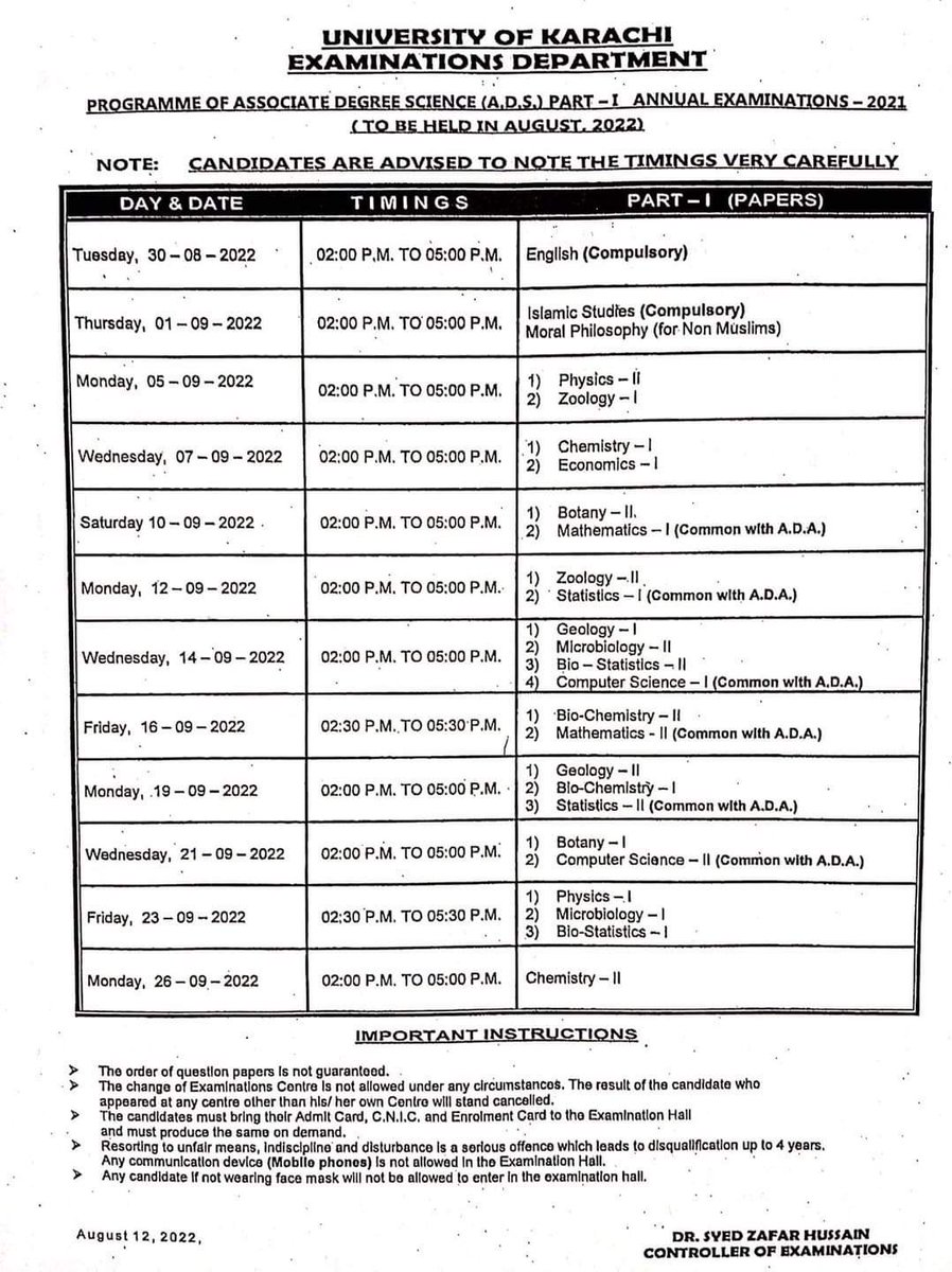 HanifExcellence's tweet photo. Examination Schedule of Associate Degree in Science (A.D.S.) Part-I
Annual Examinations 2021

 #exams #UOK #hanifexcellence #ADS #BSC https://t.co/nCZQedxnI4