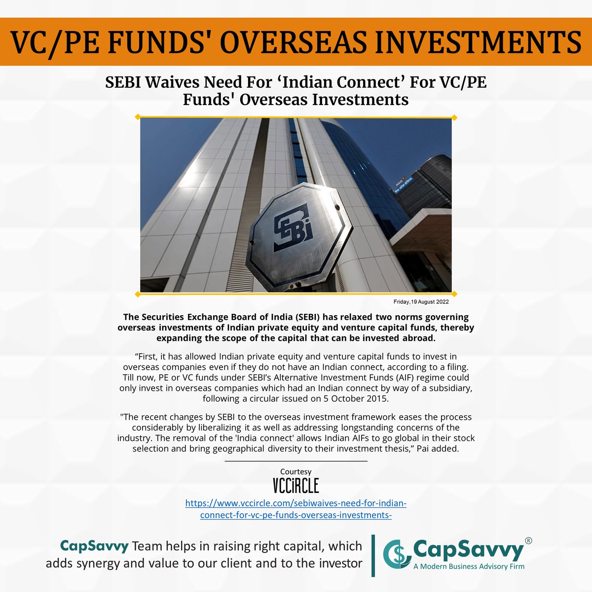 SEBI Waives Need For ‘Indian Connect’ For VC/PE Funds' Overseas Investments

Courtesy
VCCiRCLE
lnkd.in/drkt8-9U

#TodayNews #businessnews #funding #SEBI #overseas #venturecapital #privateequity #investment #financeadvice #businessadvisor #capsavvy #anilbgoyal #caanilgoyal