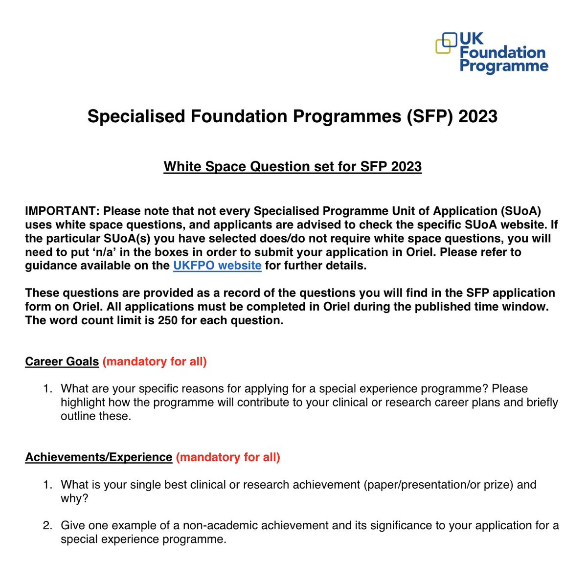 📣 They are live! 📣 The SFP White Space Questions are now available on the UKFPO website! foundationprogramme.nhs.uk/programmes/2-y… Want high-quality, detailed answer guides for *ALL* 2022/23 WSQs? 🔗 firstchoiceafp.com Everything you need to know to secure your #SFPinterview! 🚀