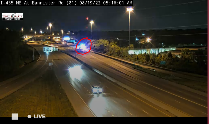 KCTV5Traffic's tweet photo. There is some activity in the Triangle on the ramp from SB I-435 to EBI-470. Light traffic in the area so we're seeing minimal delays. #KCTraffic https://t.co/q8qzMTGWNT