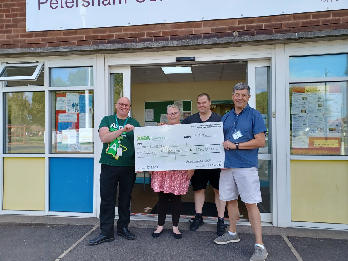 £1000 for Hope Long Eaton, they applied for one of our Asda Foundation grants to help with equipment and supplies for the breakfast club they run every Monday. #community #ASDA #grants