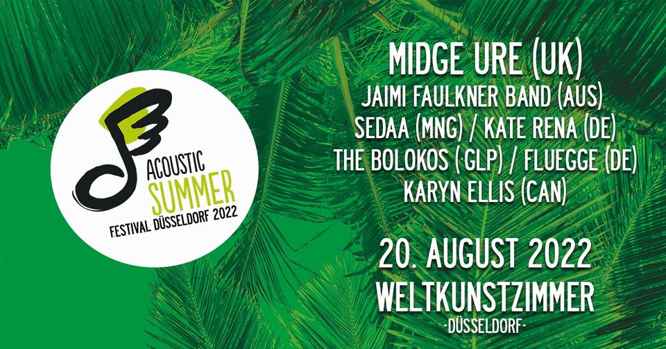 publictune's tweet photo. Morgen, 20. August 2022: 12. Acoustic Festival
#WELTKUNSTZIMMER
15:00 KATE RENA
15:45 Fluegge
16:30 @KarynEllisHere
17:15 The Bolokos
18:15 Sedaa
19:15 Jaimi Faulkner Band
20:30 Midge Ure
#acousticfestival #acousticsummer #festival #duesseldorf #düsseldorf #publictune #midgure https://t.co/1CIzjdH6dQ