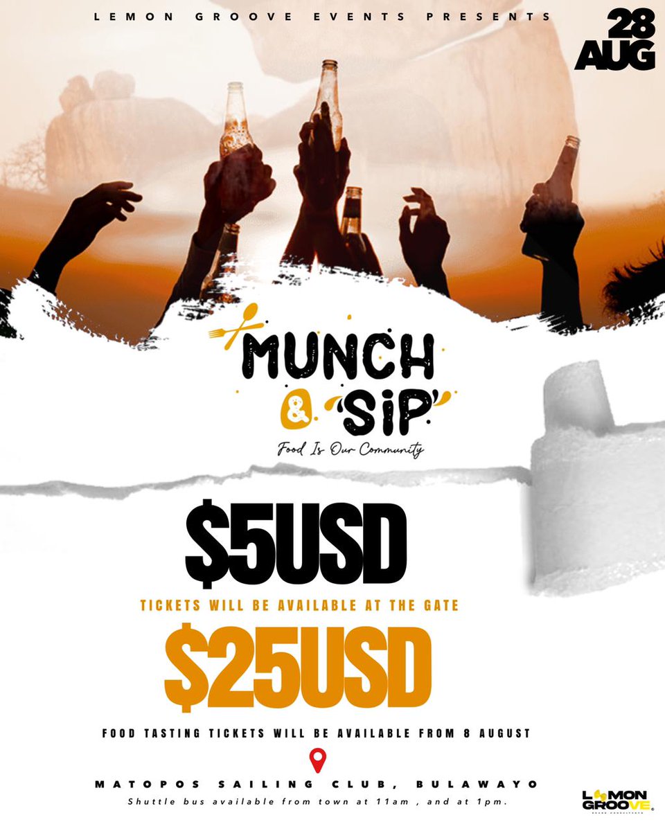 Munch &amp; sip is around the corner &amp; will be held at the Matobo sailing Club on 28 August. We'll be buying a ticket each for 2 lucky tweeps who can answer the following question, what language is the name Matobo &amp; what does it mean? <a href="/munch_sip/">Munch & Sip</a> <a href="/Mixmasterszw/">Mixmasters</a> <a href="/ThisIsCharleson/">𝐓𝐢𝐧𝐚𝐬𝐡𝐞 𝐂𝐡𝐚𝐫𝐥𝐞𝐬𝐨𝐧</a>