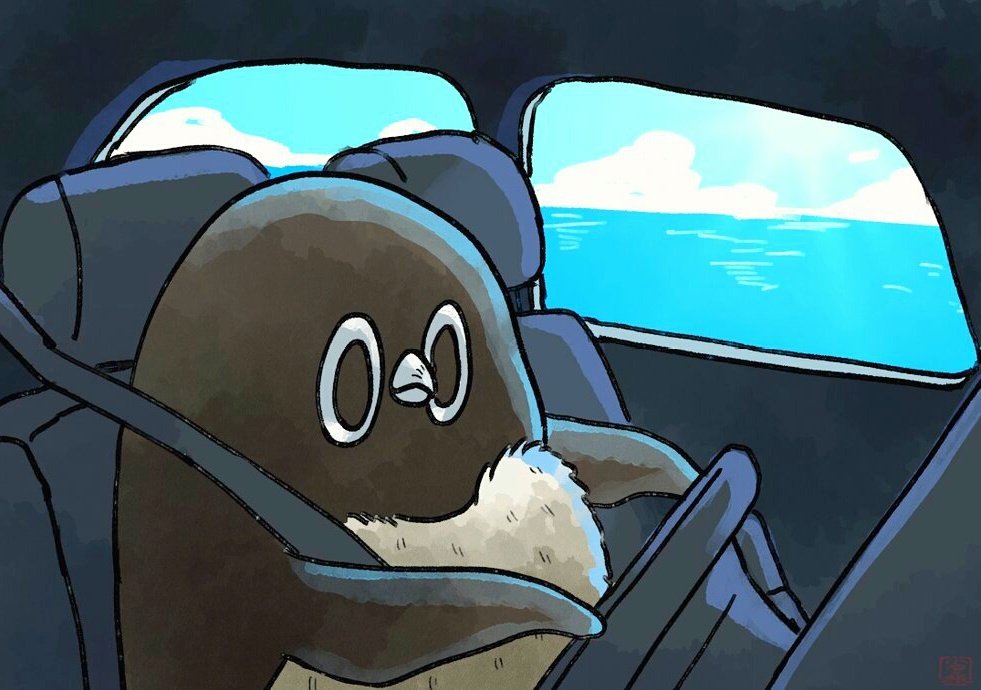「【】海沿いドライブを楽しむアデリーペンギン。爽快だね〜!#アデリーペンギン 」|おぞね🐧ペンギン漫画連載中のイラスト