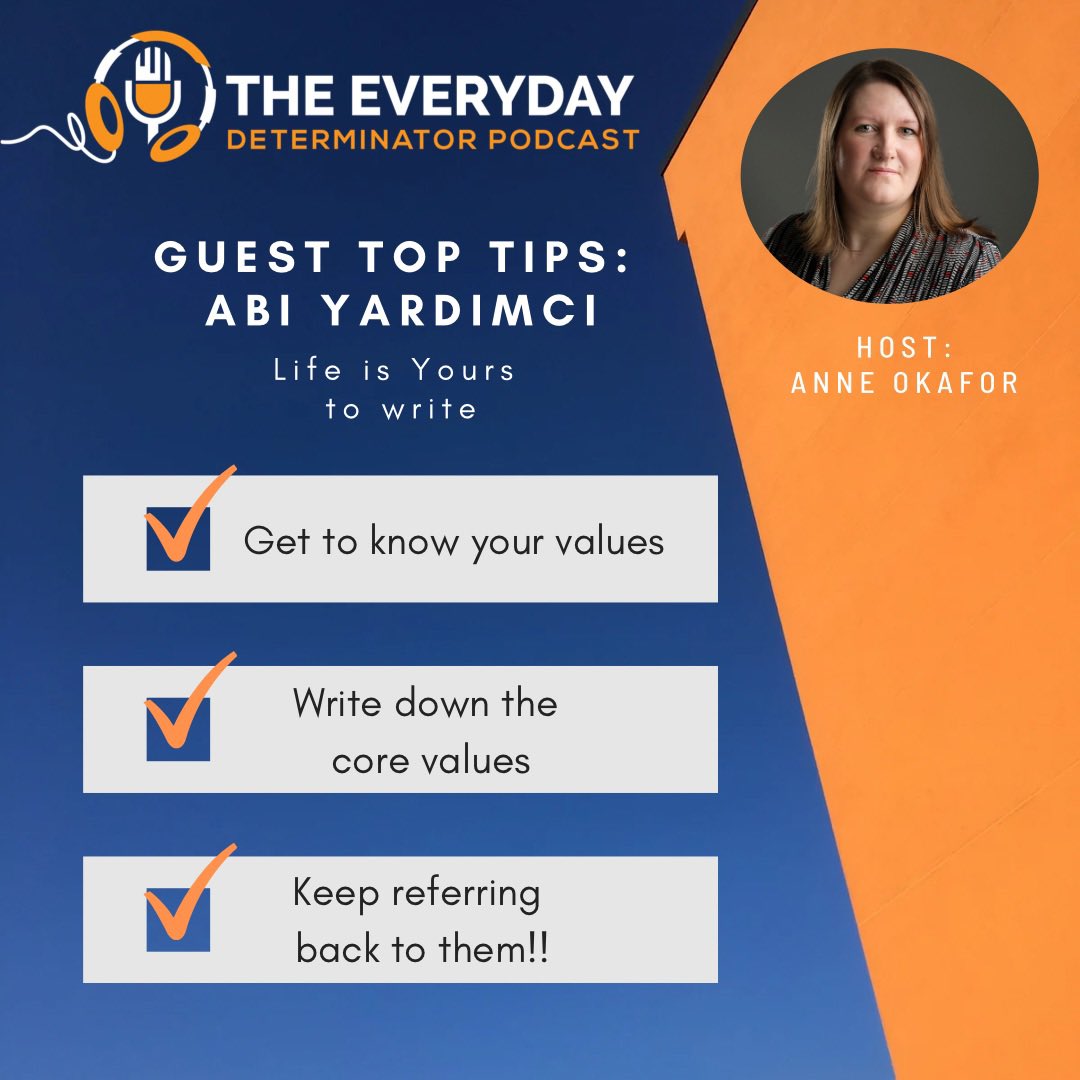 DeterminatorPod's tweet image. Abi’s Top Tips for Understanding your values: 

🧡Get to know what your values are.

🧡Write down your Core Values - keep this list! 

🧡Refer back to it when you need to make decisions.

#EverydayDeterminator #podcast #values