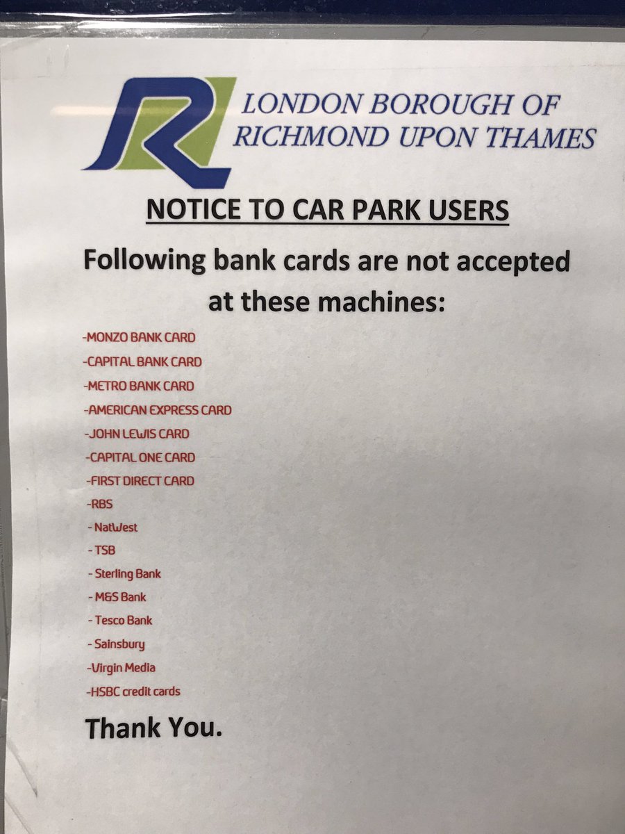 Sunita Davies F1 (@sunitadaviesf1) on Twitter photo Surely it’s easier to say what you do accept. <a href="/LBRUT/">Richmond Council</a> when will these be updated? I get credit cards but not accepting debit cards either…hmmm Surely it’s easier to say what you do accept. <a href="/LBRUT/">Richmond Council</a> when will these be updated? I get credit cards but not accepting debit cards either…hmmm