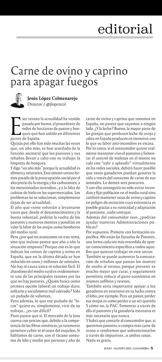 jlopezcol's tweet photo. Espero que aquéllos que reclaman más "ovejas-bombero" se den cuenta que consumiendo sólo 1,5kg/persona y año de carne de ovino y caprino va a ser imposible...
Mi editorial en "Ganadería" @edit_agricola de julio-agosto. Espero que os guste 😊 https://t.co/BwoUSgLbS9