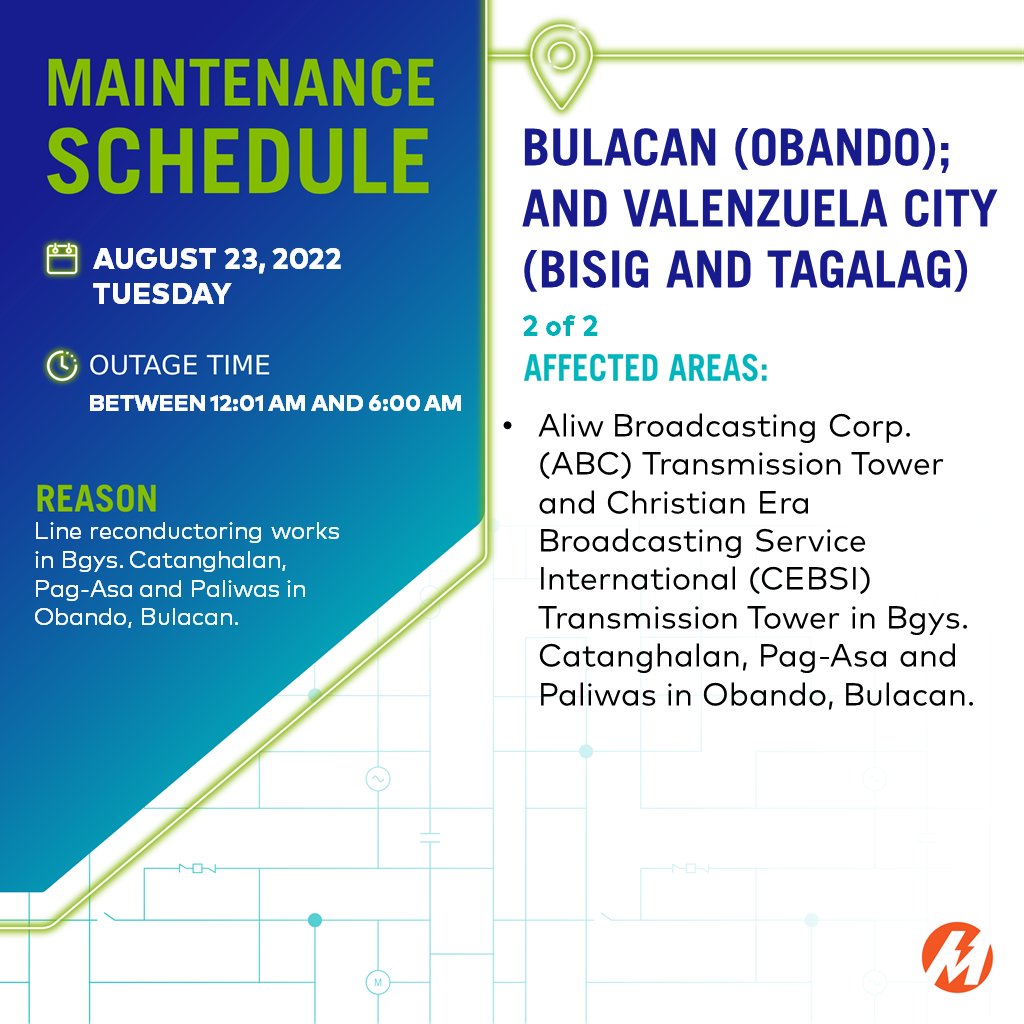 ADVISORY: May scheduled power interruptions sa ilang areas sa Bulacan and Valenzuela City sa August 23, 2022. More: meralco.com.ph/maintenance_sc…