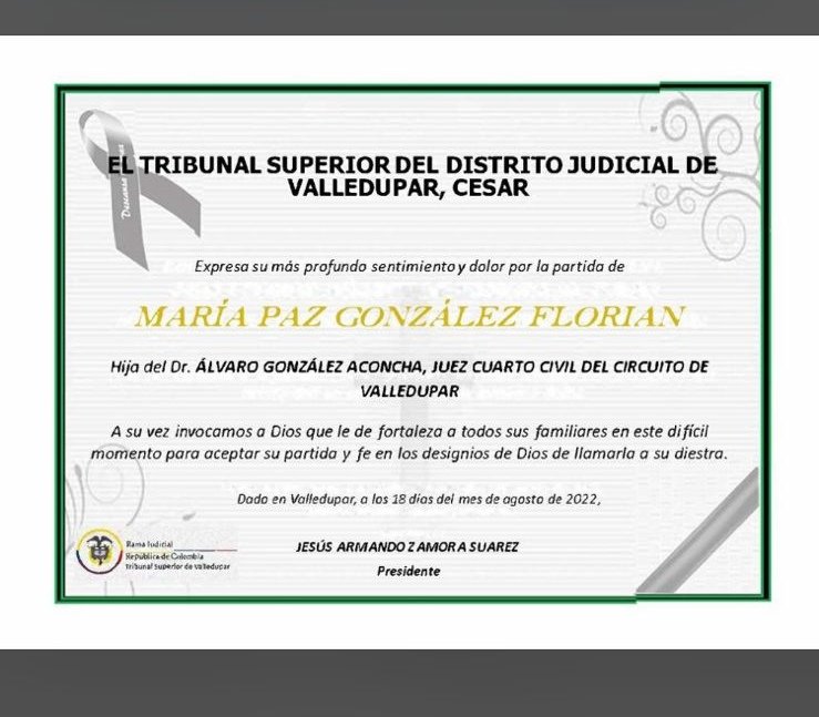 El colegio de abogados del Cesar, se une a las condolencias por el sencible fallecimiento de hija de funcionario judicial Juez Alvaro Gonzalez Aconcha.
Nuestra solidaridad con su familia.