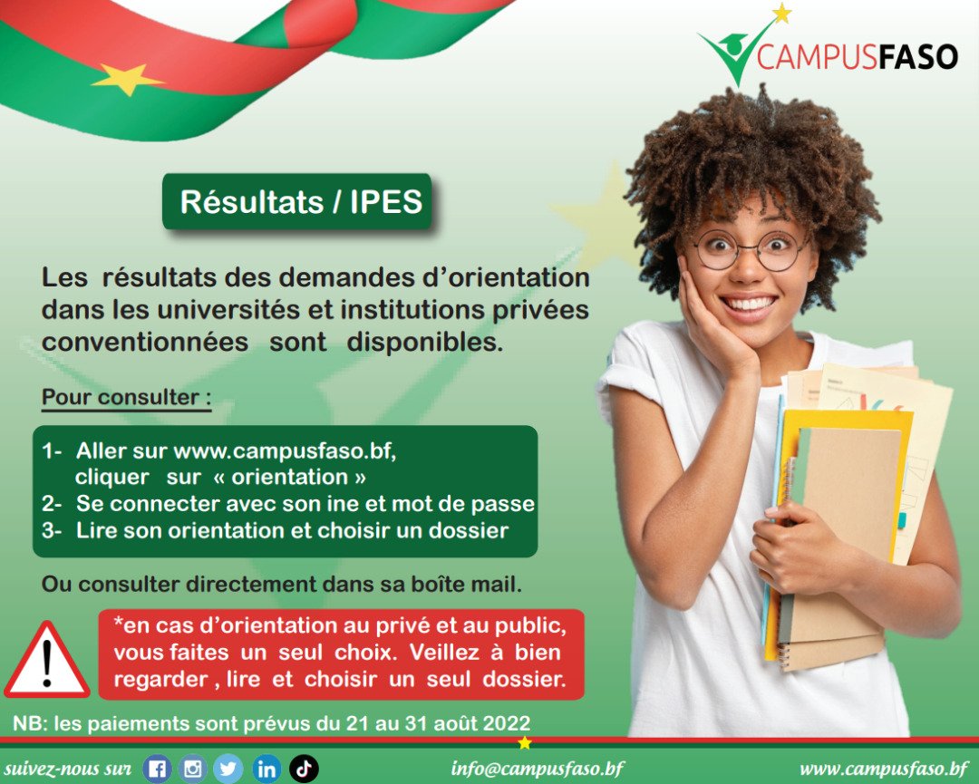campusfaso's tweet photo. Résultats des demandes d’orientation dans les instituts privés d’enseignement  supérieur. 
NB:les paiements sont prévus à partir du 21 au 31 août https://t.co/MNOVx0t6SQ