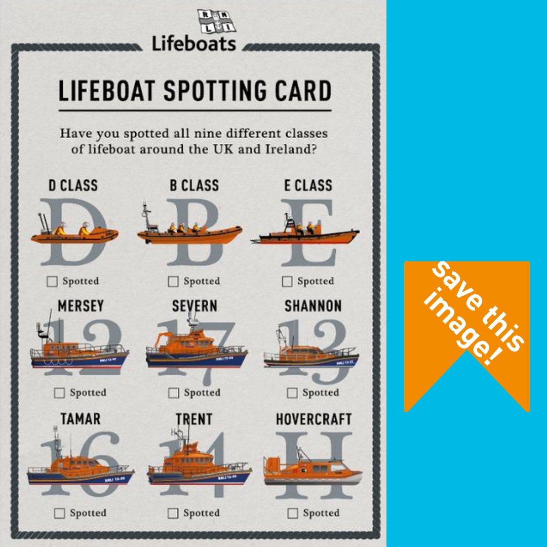 RNLI's tweet photo. Looking for a fun summer challenge? Try lifeboat spotting!  

Save our handy spotters card and get started. 
 
Find your nearest station 🔎 
https://t.co/JQAiWsam2W 

#RNLI #SpottersGuide #Lifeboat #Lifeboats #BeachFun https://t.co/bBuEZgzfLZ