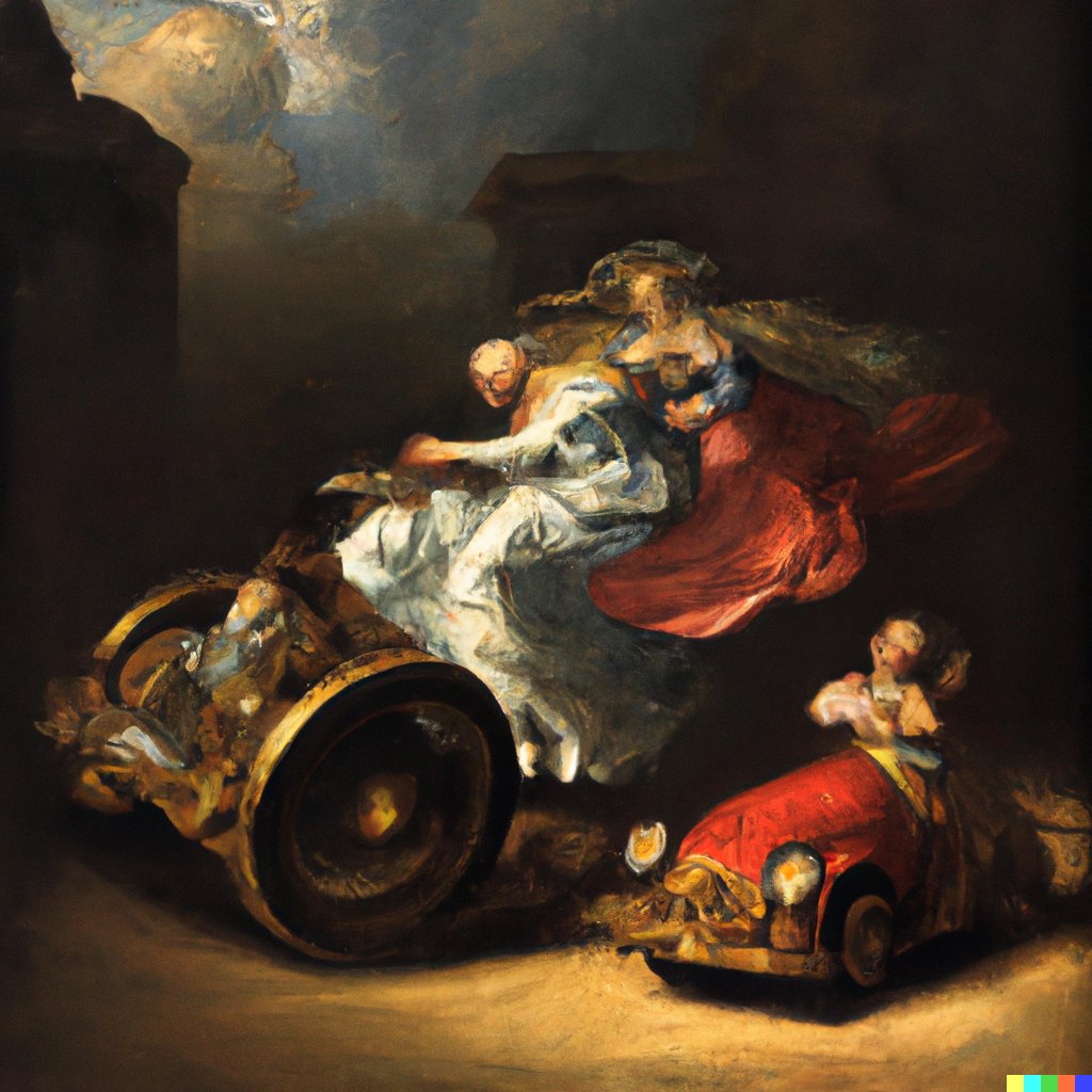 Got my invite to Dall-E and asked it to paint a car race and the virgin Mary by Rubens. It is dark. oO #dalle