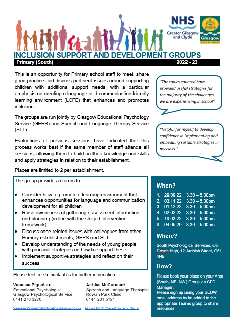 Here are the details for our South Inclusion Support &amp; Development Group sessions