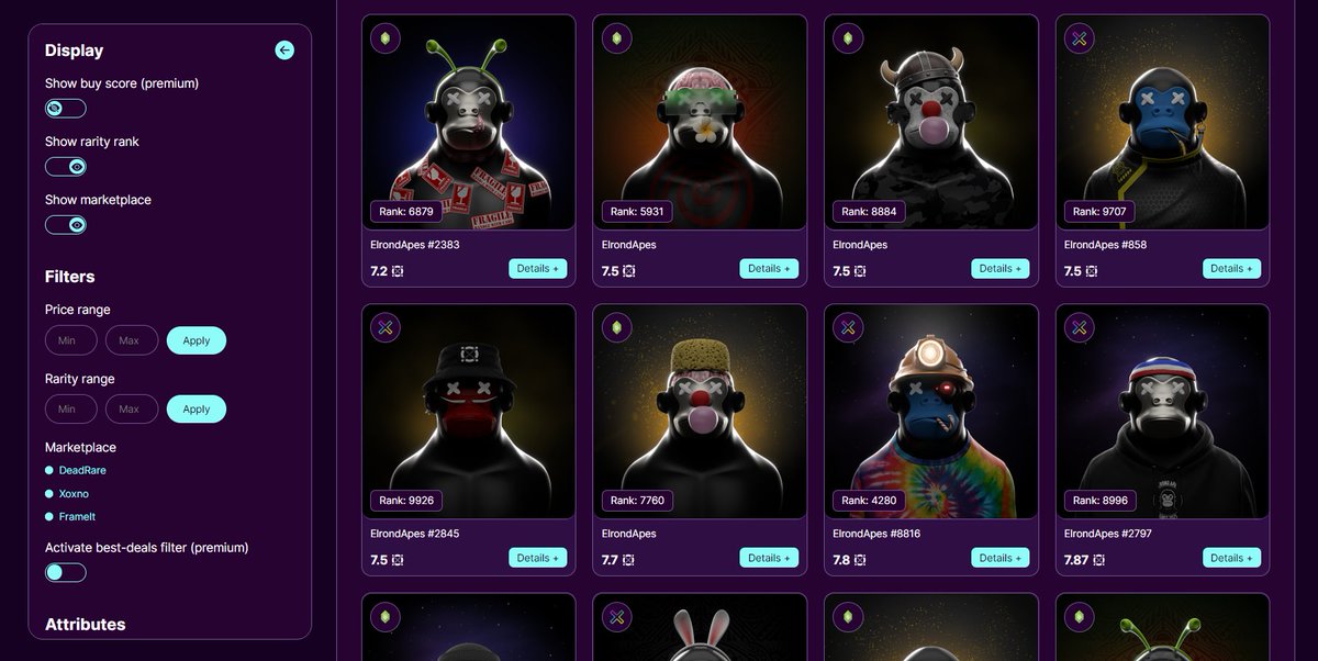 Omniscient Tools Upgrade 🛠️

1: More filters for the cross-marketplace listings

2: Improvements to the filter design

3: Filters are now saved in the URL (to be shared or saved)

4: Button "details" for each NFT

Example with the Elrond Apes collection: omniscient.tools/collections/EA…
