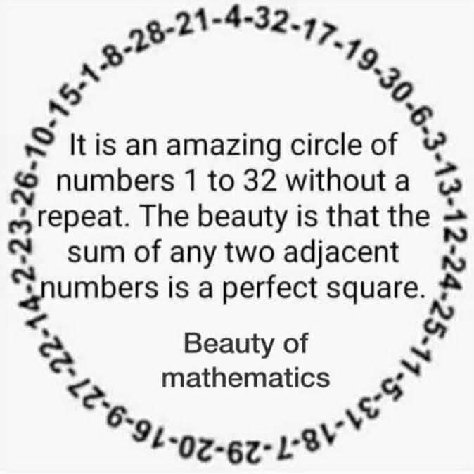 𝗖𝗶𝗿𝗰𝗹𝗲 𝗼𝗳 𝗣𝗲𝗿𝗳𝗲𝗰𝘁 𝗦𝗾𝘂𝗮𝗿𝗲𝘀!
𝐒𝐮𝐦 𝐨𝐟 𝐚𝐧𝐲 𝐭𝐰𝐨 𝐚𝐝𝐣𝐚𝐜𝐞𝐧𝐭 𝐧𝐮𝐦𝐛𝐞𝐫𝐬 𝐢𝐬 𝐚 𝐩𝐞𝐫𝐟𝐞𝐜𝐭 𝐬𝐪𝐮𝐚𝐫𝐞.

#math1089 #math #maths #mathematics #algebra #square #perfectsquare #circle #numbers