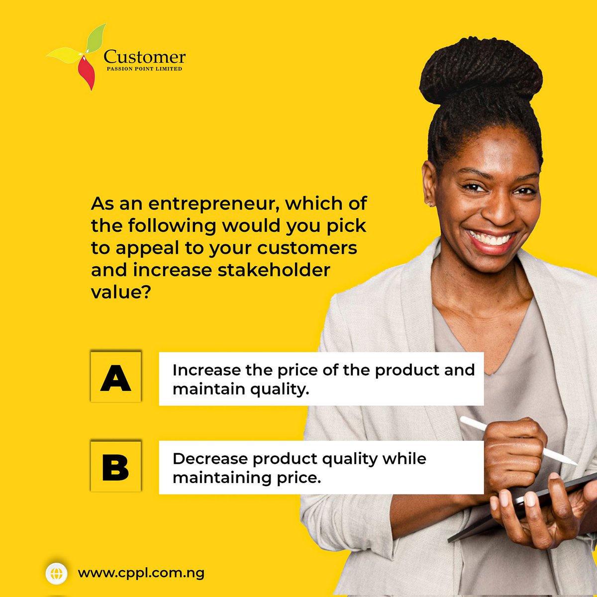 cpplnigeria1's tweet image. This will be fun. Let's find out which of the above you would most prefer.

#cpplnigeria #cppltrainingprograms #tgif #Friday #weekend #Nigeria #nigerianbusiness #lagosbusiness  #lagos  #lagosbusiness #naijabrand  #naijabusiness  #businesscoach  #entrepreneur #performance