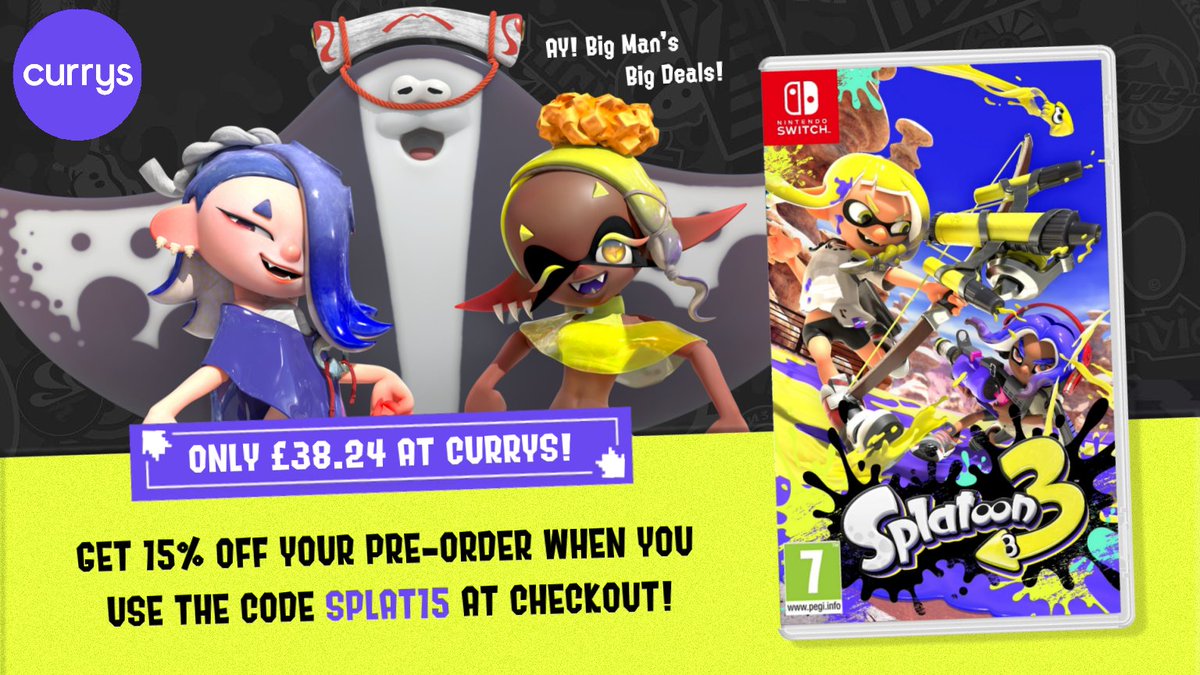 NintendoPlayUK's tweet image. 🟡🟣 3 weeks to go until we zipcast over to the Splatlands! Not pre-ordered yet? #Currys are selling #Splatoon3 for just £38.24!

Get 15% off your copy when you use the code SPLAT15 at checkout

🛒 tidd.ly/3Cb6kyr