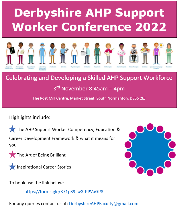 📢Calling all AHP Support Workers in Derbyshire! We have an exciting opportunity for AHP SWs to explore their personal & professional development with a full day of engaging and inspiring sessions in our first conference dedicated for AHP SWs. Book now via forms.gle/371pS9Lw8tPPVa…