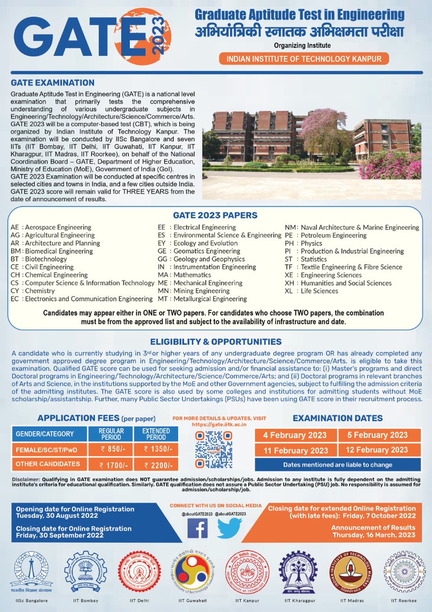 iitmadras's tweet photo. Registration for the GATE 2023 exam is now open. The #GATE exam will be held during the first week (Feb. 4-5) and the second week (Feb. 11 &amp; 12) and the JAM 2023 exam will be held on Feb. 12, 2023.
Click here to register:
https://t.co/Wb9AMX1A4n
https://t.co/ASmGVTJ2Dq https://t.co/DtHGcqyumn