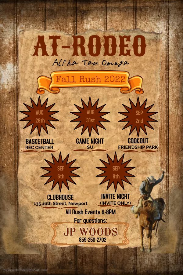 Rush is here and we cannot be more ready for it. Come and hangout meet some of our brothers! Check our social media daily for all updates. Any questions feel free to DM us or text our Rush Chair JP Woods! #RushATO🐪