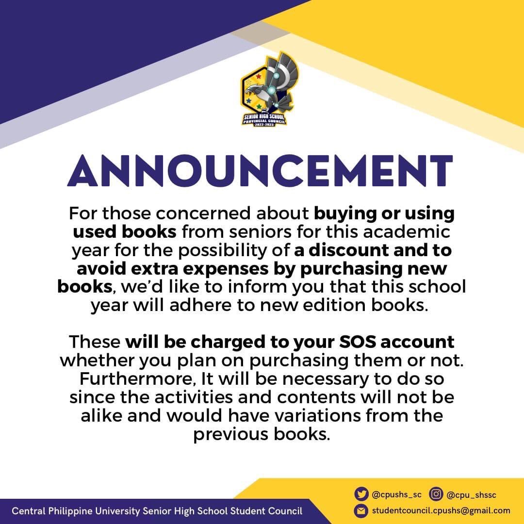 cpushs_sc's tweet photo. 🔔 Announcement❗️

“Is it possible to buy the books to use from the seniors for this grade level?” 🤔
“Is it mandatory to purchase these books?” 🧐

#SHSCentralianGuide2022
#7ustrousSTLHWKS
#Liwanag7awin https://t.co/bhwcXdGzoQ