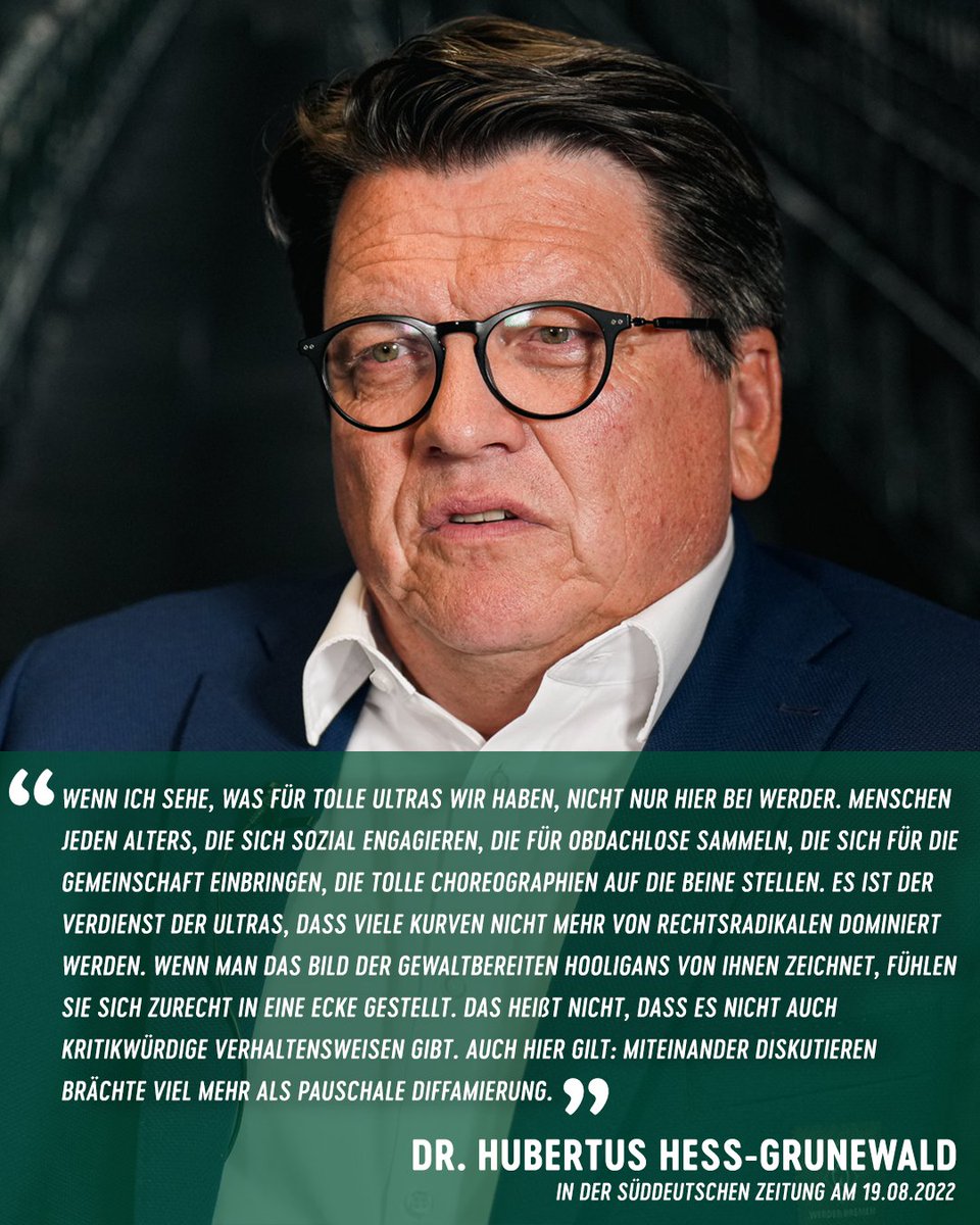 werderbremen's tweet photo. ❗️🗣️ Die Antwort von #Werder-Präsident Dr. Hubertus Hess-Grunewald im Interview mit der @SZ auf die Frage nach dem schlechten Image der Ultras in der Öffentlichkeit. 

#Werder #HessGrunewald https://t.co/G0RrYgMEyC