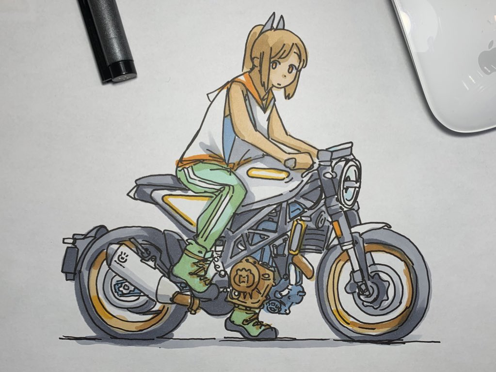 1girl ground vehicle solo motor vehicle motorcycle brown hair japanese clothes  illustration images