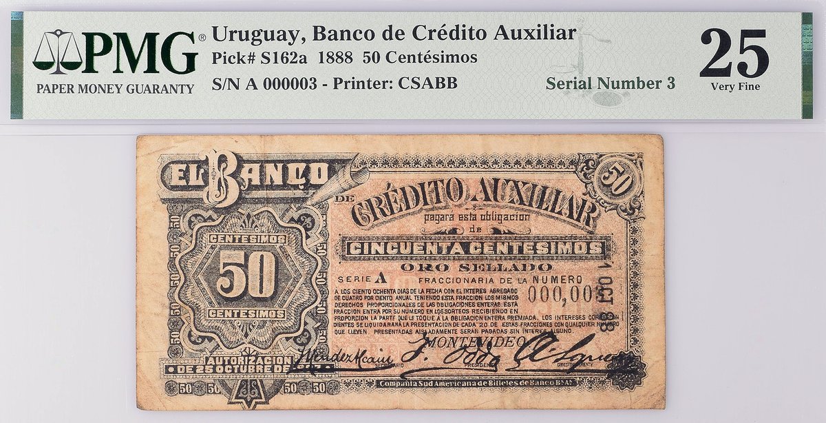PMGnotes's tweet photo. Note of the Day: For #FancyFriday, here is a Serial Number 3 on a Uruguay, Banco de Credito Auxiliar 1888 50 Centesimos. Check out YouTube videos about fancy serial numbers at https://t.co/zamK32MADY
#FancyFriday #uruguay #centesimo #papermoney #banknote #numismatics #currency https://t.co/hz1N9UtwhK