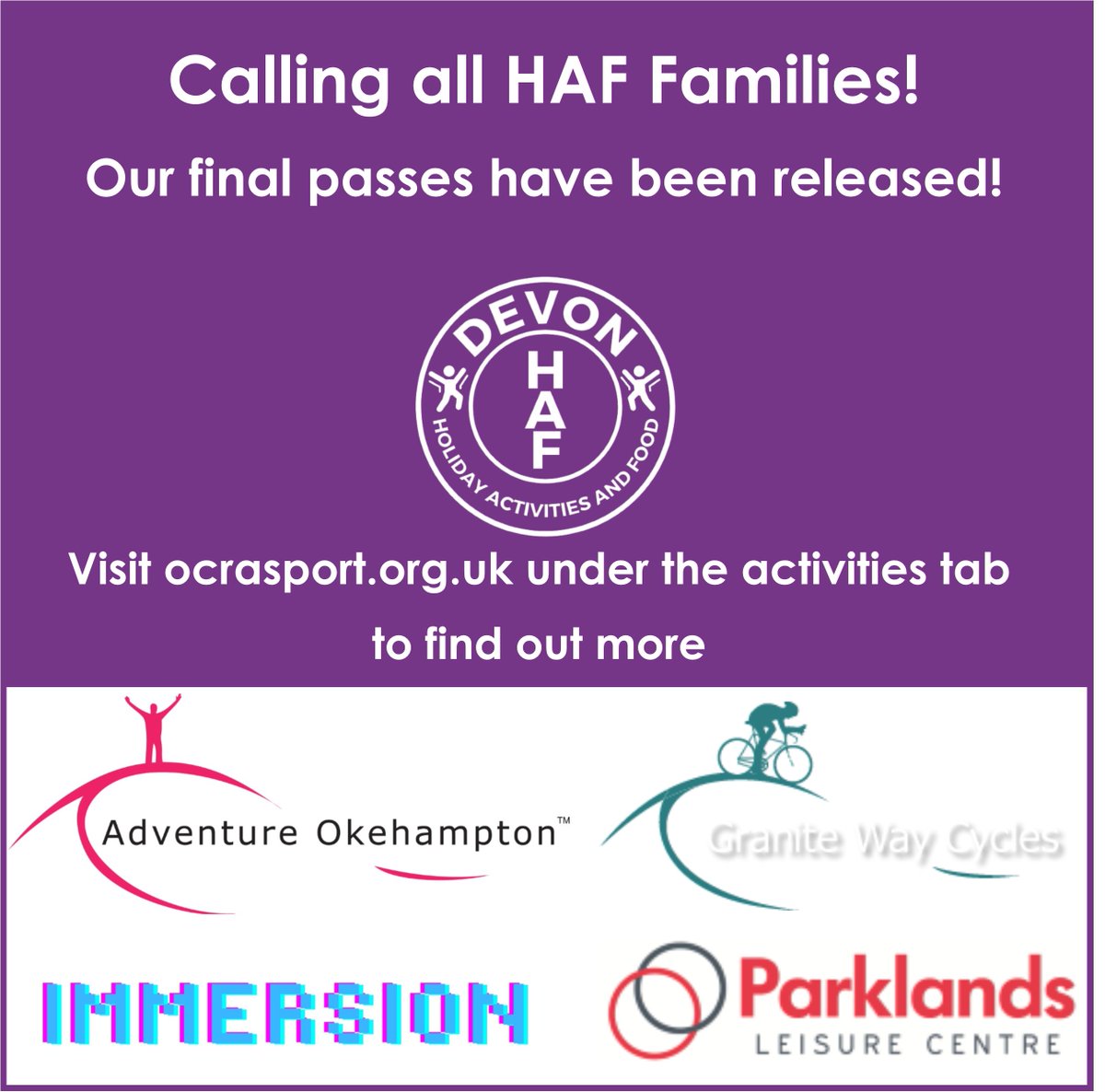 Calling all HAF Families! Our final summer passes have been released Follow the link to get yours buff.ly/3Avpeik #DevonHAF22 #HAF2022 Devon Holiday Activities and Food programme Not sure if you qualify? Follow this link buff.ly/3KkXkZP