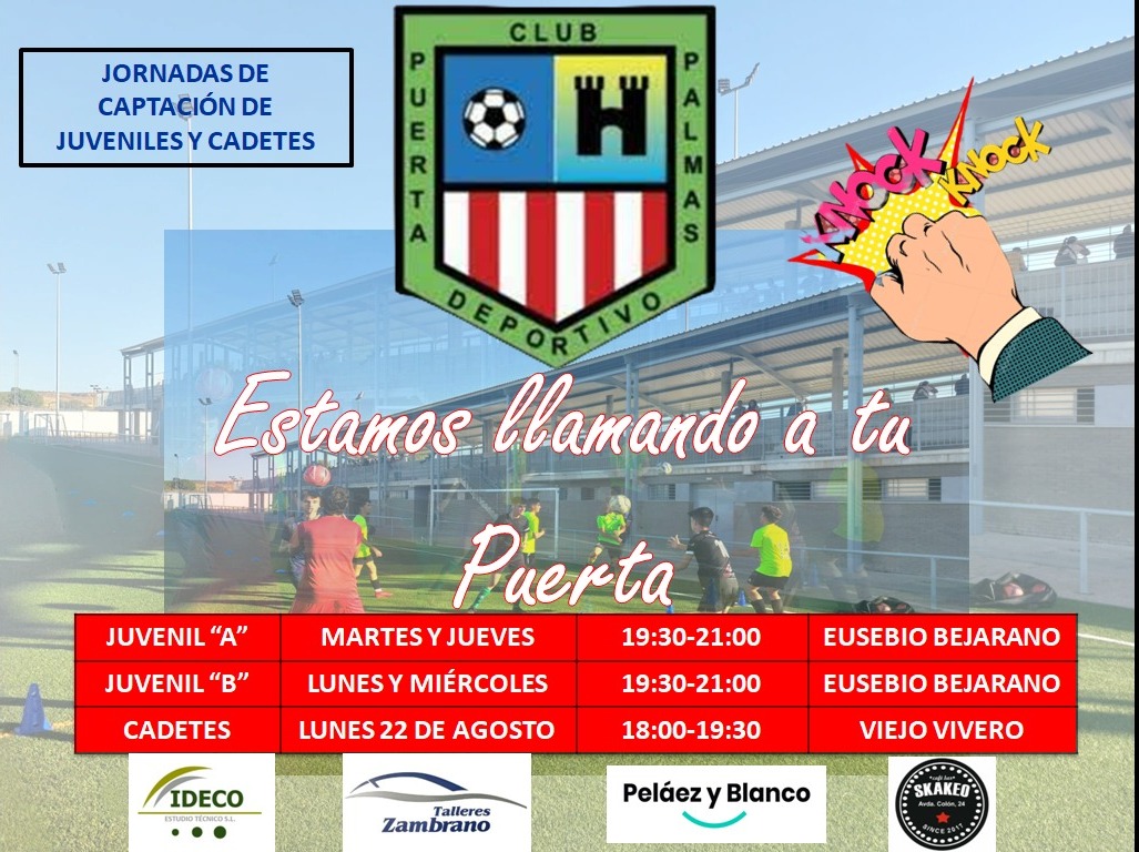 ᴛᴏᴄ✊, ᴛᴏᴄ ✊
❤🤍𝙴𝚜𝚝𝚊𝚖𝚘𝚜 𝚕𝚕𝚊𝚖𝚊𝚗𝚍𝚘 𝚊 𝚝𝚞 🅿🆄🅴🆁🆃🅰🚪🤍❤
Horarios de 𝙅𝙐𝙑𝙀𝙉𝙄𝙇𝙀𝙎 y 𝘾𝘼𝘿𝙀𝙏𝙀𝙎. 
CD Puerta Palmas. Tu club. Nuestro club❤🤍
#AúpaCDPuertaPalmas #ElPuertaHaVuelto