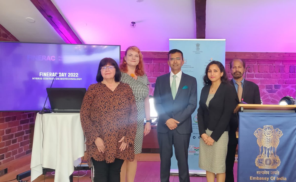 KallioJohana's tweet photo. #FINERAC day 2022 with online and onsite participants with #biotechnology focus kindly hosted by the ambassador of India in Finland Mr. Raveesh Kumar. #upmbiomedicals sharing best practices in transformimg #academicresearch results to industrial products. https://t.co/7ajXlaecqt
