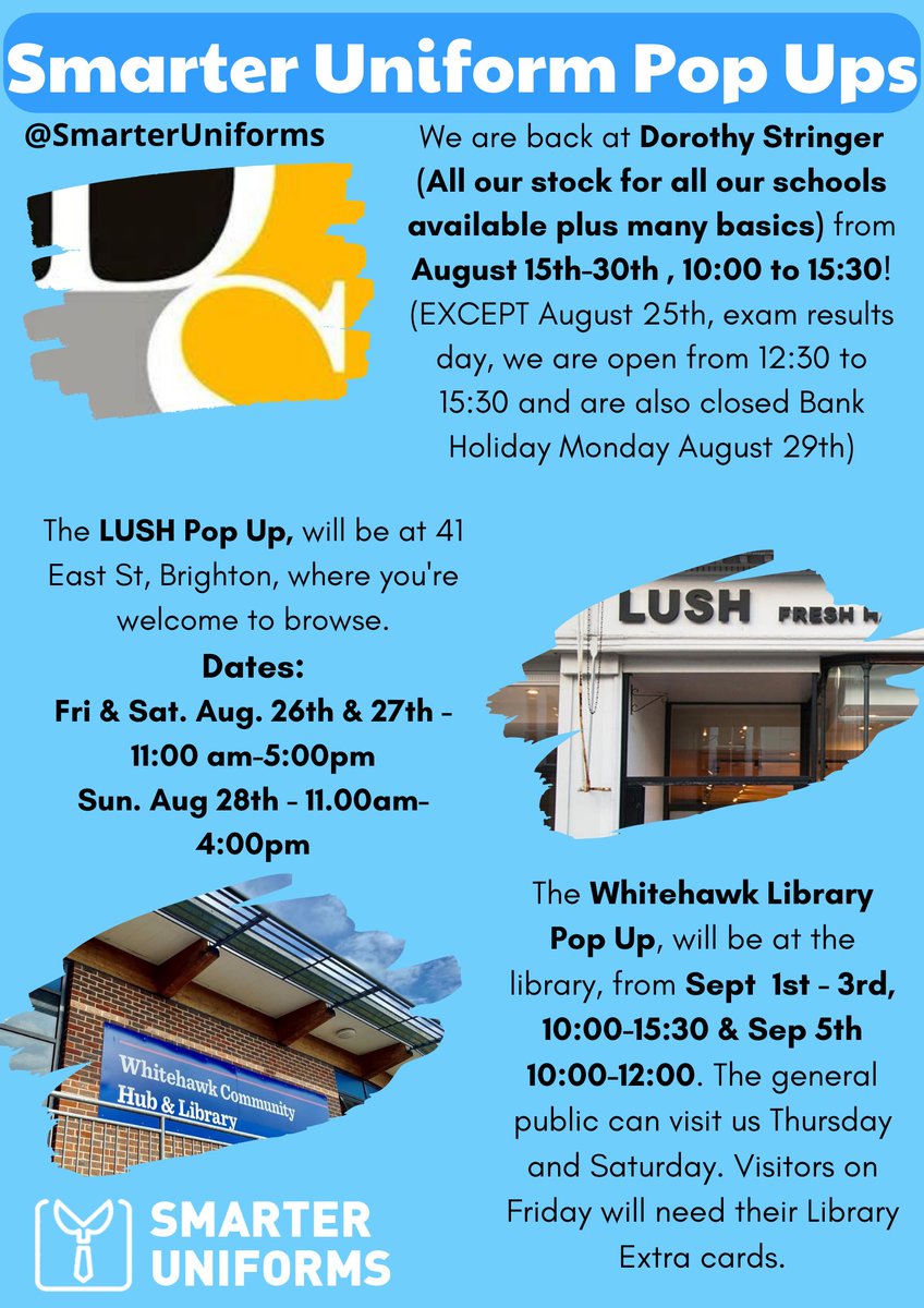 Two more weeks till school! We still have thousands of low-cost, branded and non-branded uniforms for secondary and primary schools across Brighton. We have 3 pop-ups over the next three weeks: <a href="/DorothyStringer/">Dorothy Stringer School | Education for Life</a>, Lush Brighton and Whitehawk Library, @BHLibraries. See you there!