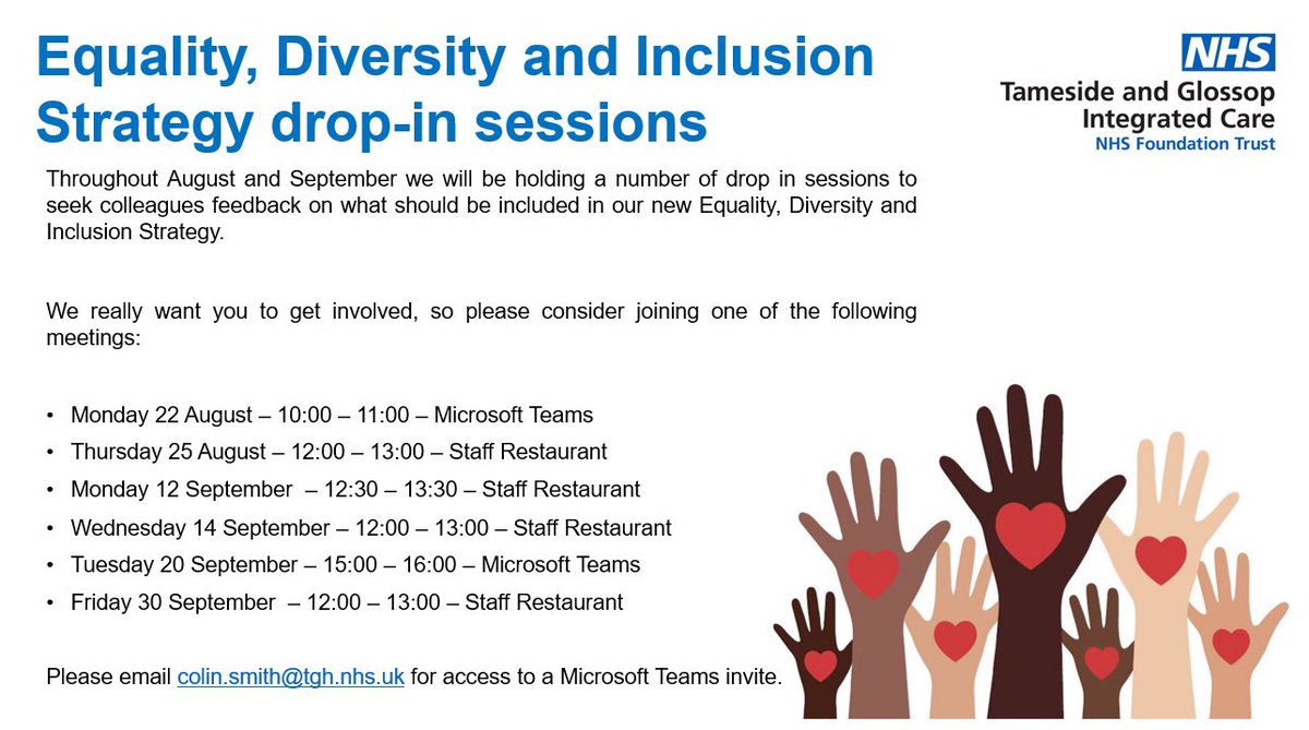 T&G ICFT Colleague Experience (@tgicft_colexp) on Twitter photo Please share for awareness! We want to know what YOU think!
We are holding a number of drop-in sessions to seek your feedback on what should be included in our new Equality, Diversity and Inclusion Strategy! <a href="/BromleyAmanda/">Amanda Bromley (she/her) πΊπ¦</a> <a href="/SAMcKenna1/">Stuart MacCionaodh (He/Him) π³οΈβππ³οΈββ§οΈπΊπ¦ ππ</a> <a href="/LJGamm/">Lisa Gammack π</a> <a href="/k_mantron/">Kevin Parker-Evans (He/Him)</a> @pat_exp_plus <a href="/estates_g/">T&G Estates and Facilities</a> Please share for awareness! We want to know what YOU think!
We are holding a number of drop-in sessions to seek your feedback on what should be included in our new Equality, Diversity and Inclusion Strategy! <a href="/BromleyAmanda/">Amanda Bromley (she/her) πΊπ¦</a> <a href="/SAMcKenna1/">Stuart MacCionaodh (He/Him) π³οΈβππ³οΈββ§οΈπΊπ¦ ππ</a> <a href="/LJGamm/">Lisa Gammack π</a> <a href="/k_mantron/">Kevin Parker-Evans (He/Him)</a> @pat_exp_plus <a href="/estates_g/">T&G Estates and Facilities</a>