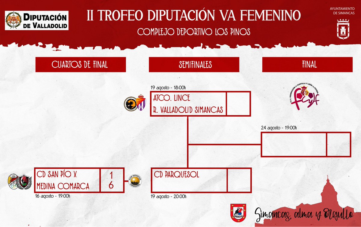 🏆 ¡Viernes de semifinales de la II Edición Femenina del Trofeo <a href="/Dip_Va/">Diputación de Valladolid</a>! Desde las 18h: 

👉🏼 Atlético Lince - <a href="/RVfemenino/">Real Valladolid Femenino</a> Simancas
👉🏼 <a href="/CDParquesolFem/">CD Parquesol Femenino</a> - <a href="/futfemmedina/">CD Futbol Femenino Medina-Comarca</a> 

📺 <a href="/la8valladolid/">La 8 Valladolid</a> 

#SimancasAlmayOrgullo